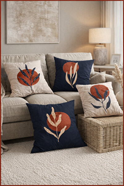 SasoHome Red Moon And Cream Plants Tasarımlı 4lü Dijital Baskılı Kırlent Kılıfı