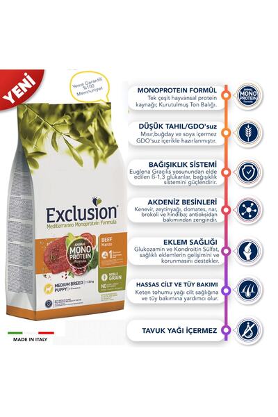 Exclusion Düşük Tahıllı Monoprotein Sığır Etli Ve Narlı Yavru Köpek Maması 3kg