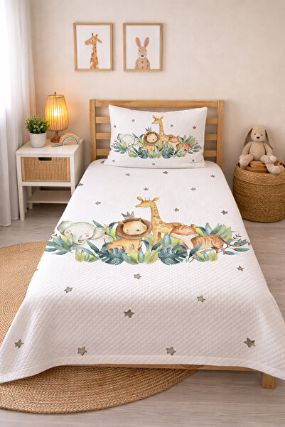 Evmila Hayvanlar Alemi Desenli Bebek Ve Çocuk Baskılı Tek Kişilik Pike Takımı...