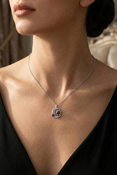 Modafadır 925 Ayar Gümüş Kişiye Özel Doğum Taşlı Ay Yıldız Gümüş Kolye