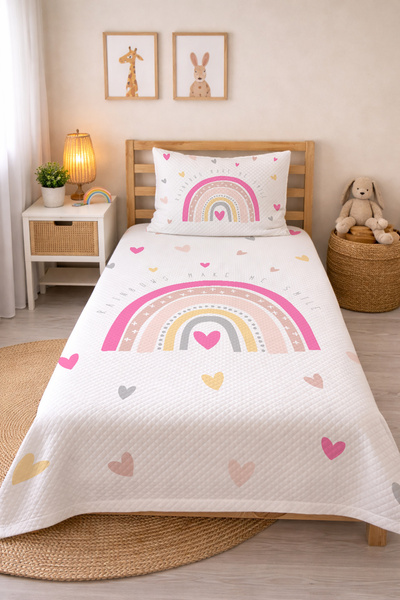 Evmila Gökkuşağı Desenli Bebek Ve Çocuk Baskılı Tek Kişilik Pike Takımı 160x2...