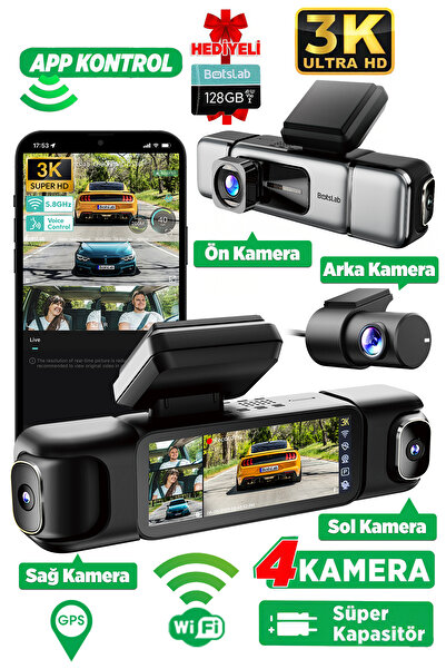 +360 360+ Botslab G980H Pro 3K 4 Kameralı Wifi+GPS Akıllı Araç İçi Kamera +15...