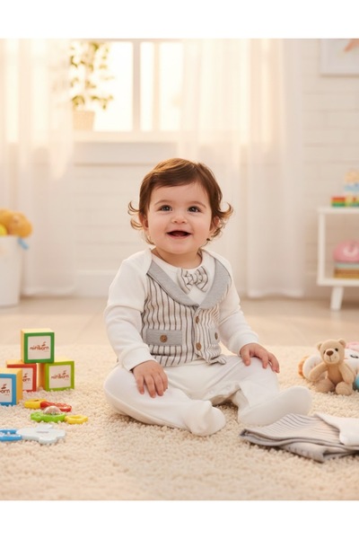 MİNİBORN Şık Pamuklu Papyonlu Çizgili Uzun Kollu Erkek Bebek Tulum