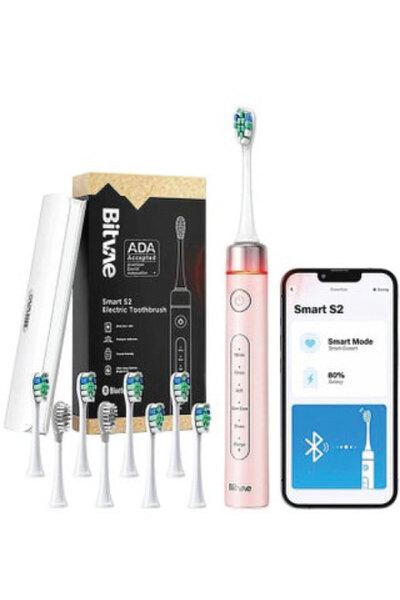 Bitvae فرشاة أسنان كهربائية ذكية S2، تحكم عبر تطبيق، 8 رؤوس، تبييض (وردي)
