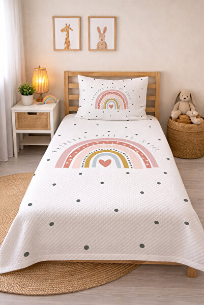 Evmila Gökkuşağı Desenli Bebek Ve Çocuk Baskılı Tek Kişilik Pike Takımı 160x2...