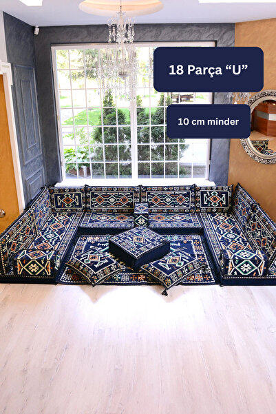 BAKIRÖZÜ HOME Otantik Şark Köşesi Takımı Lacivert Anadolu 18 Parça (Kilim ve ...
