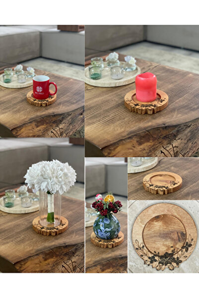 izg Doğal Ahşap Çiçek Desenli Mumluk - Vazo Altlığı - Bardak Altlığı