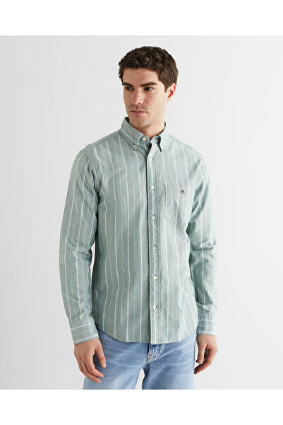 Gant Erkek Yeşil Regular Fit Düğmeli Yaka Çizgili Oxford Gömlek