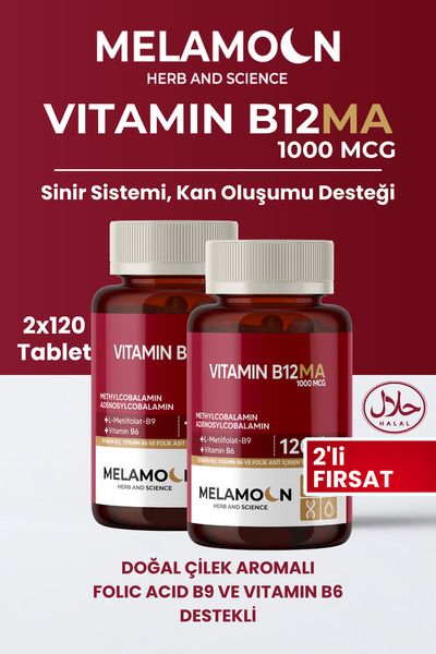 Melamoon B12, B6 and Folic Acid: Blood Formation Support 1000Mcg (2X120 Tablets)