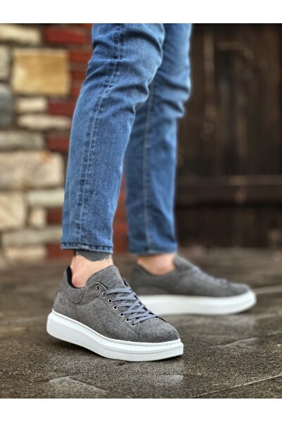 BOA BA0547 Αθλητικά ανδρικά παπούτσια με χοντρή ψηλή σόλα γκρι σουέντ με κορδ...