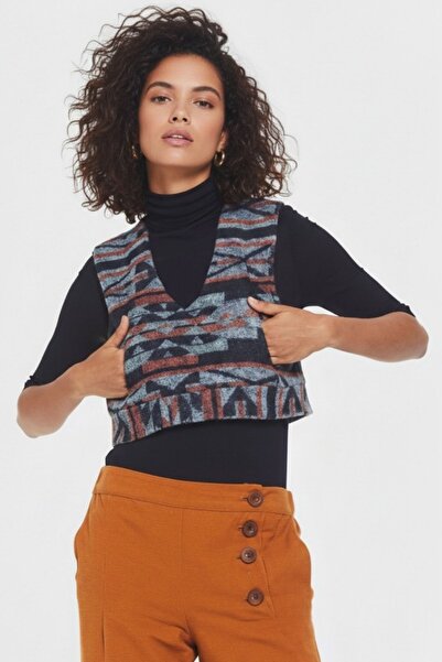 Clandestino Etnik Desenli Kısa Süveter Yelek Siyah