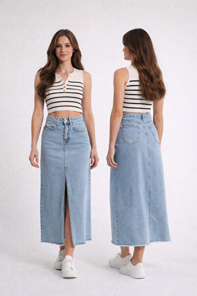 ibutik Blue Robin Denim Skirt - Women's Midi Slit Length