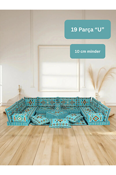 BAKIRÖZÜ HOME Otantik Şark Köşesi Takımı Turkuaz Anadolu 19 Parça (Kilim ve P...