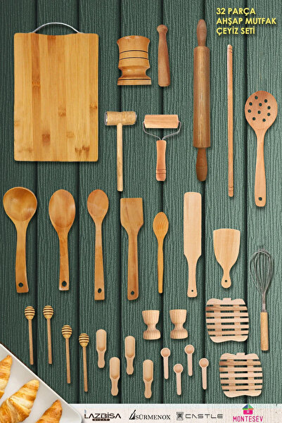 MONTESEV Zambak 32 Li Ahşap Ağaç Tahta Kaşık Oklava Merdane Havan Kesme Tahta...