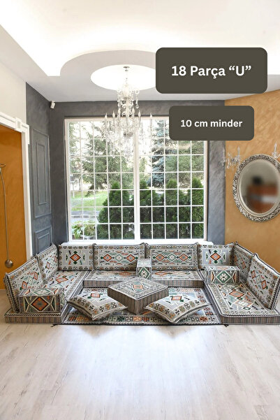 BAKIRÖZÜ HOME Otantik Şark Köşesi Takımı Gri Anadolu 18 Parça (Kilim ve Puf D...