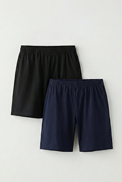 Elemge Pamuklu 2'li Erkek Pijama Şort Ince Compact Penye Siyah & Lacivert Cep...