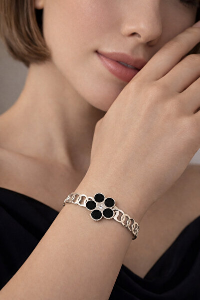 Kutcha Accessories Black Flower Motif Stone Detailed Steel Handcuff Bracelet