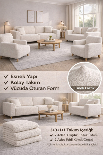 riselerhome Bohem Desen krem Lastikli Koltuk Örtüsü 3+3+1+1 Takımı | Esnek La...