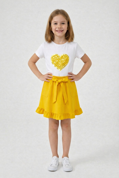 nacar çarşı Tricou cu inimă galbenă pentru fetițe, fustă galbenă cu volane, 2...