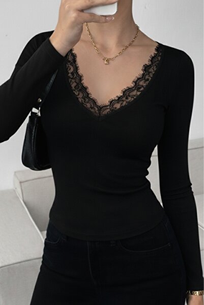 BESTYSO Γυναικεία μπλούζα από βισκόζη με δαντέλα και λεπτομέρειες σε σχήμα V