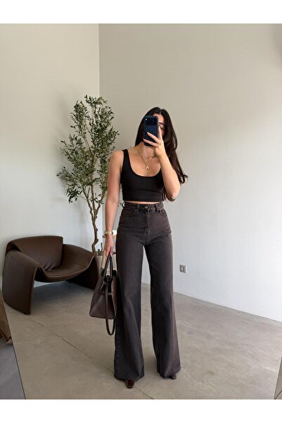 Bade Butik Kahve Yüksek Bel Kesik Paça Palazzo Jean