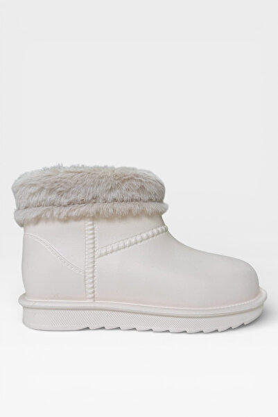 Liger Yuvarlak Burun Kadın Kürklü Kısa Yağmur Botu BEJ