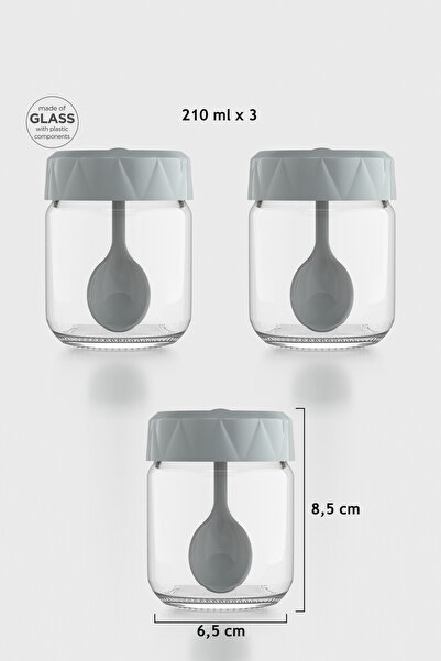 Renga Lexa 210 ml Set of 3 Glass Spice Jars with Spoon 161019 Gray