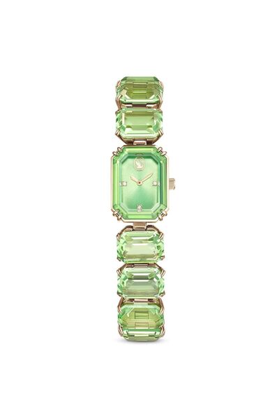 Swarovski Saat, Sekizgen Kesim Bileklik, Yeşil, Şampanya Altın Rengi Yüzey