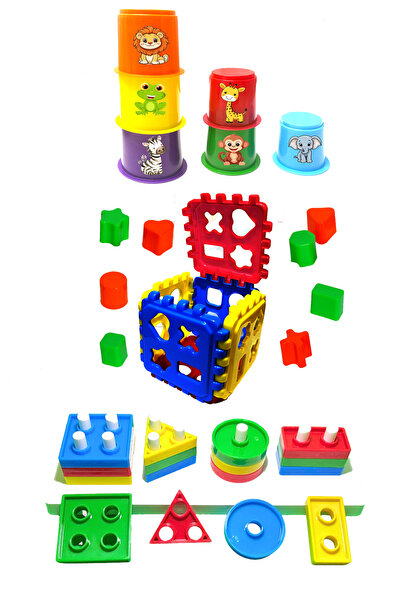 toysnet Geometrik Şekiller + Sevimli Hayvanlar Bardak Kule Puzzle Bultak Küp