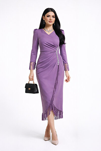 Stylish فستان من ستايلش ميدي باللون البنفسجي مزين بالهدب