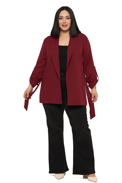 DISENTIS MODEST Large Size Shawl Collar Self Belted Folded Sleeve Burgundy Ja...