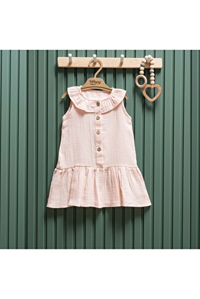 Tiffany Collar-Detail Sleeveless Muslin Baby Girl Dress Powder