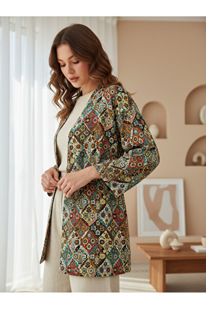 MİYALORA Desenli Astarlı Bej Kapitone Kimono - Bel Bağlamalı Cepli