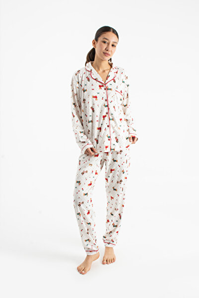 Ecrou Kadın Ekru Desenli New Start Bebe Yaka Uzun Kol Pantolon Pijama Takım