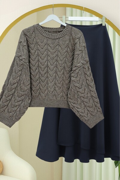 Modamorfo Knitted Patterned Casual Crop Knitwear Sweater - Earth