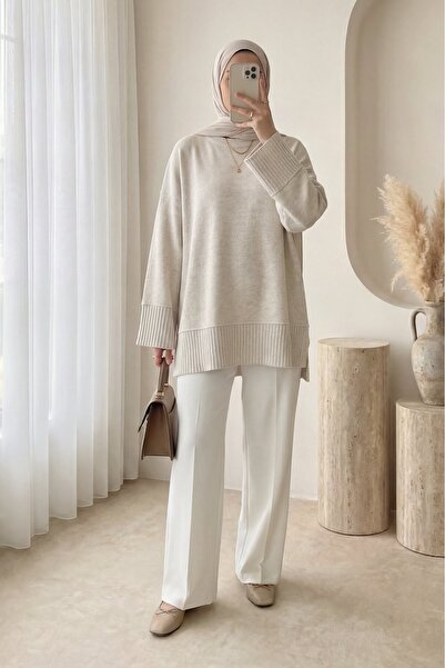 Modamorfo Ribbed Round Neck Slit Knitwear Tunic with Ribbed Hem and Sleeve Cu...