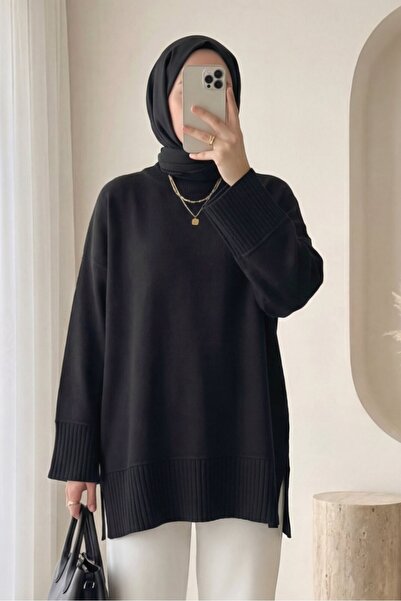 Modamorfo Ribbed Round Neck Slit Knitwear Tunic with Ribbed Hem and Sleeve Cu...