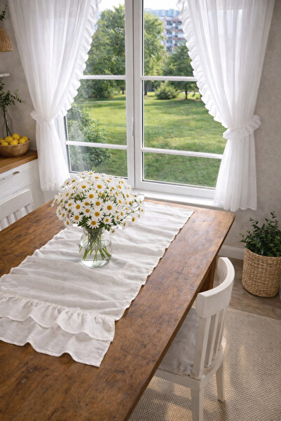 perde plus Linen Runner Decorative Frilly Plain Runner