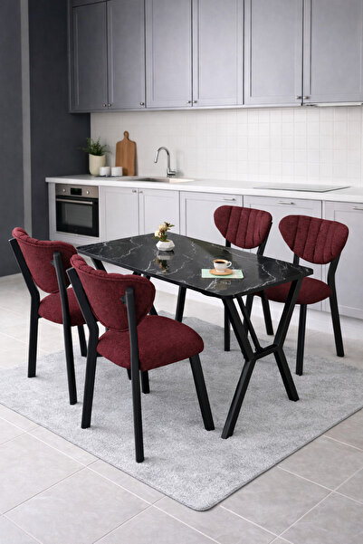 Lumodi Mobilya Masa Sandalye Takımı, 4 Sandalye 1 Sabit Siyah Mermer Desen Ma...