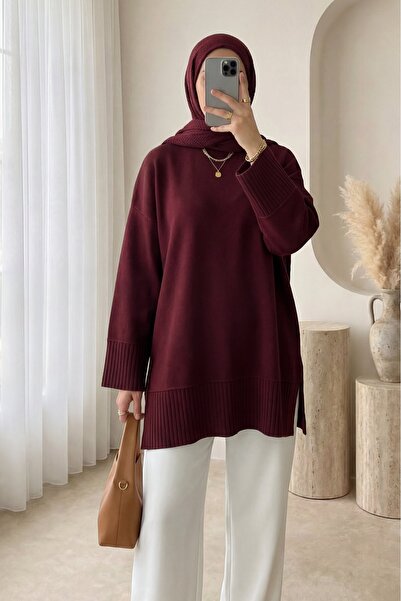 Modamorfo Ribbed Round Neck Slit Knitwear Tunic with Ribbed Hem and Sleeve Cu...
