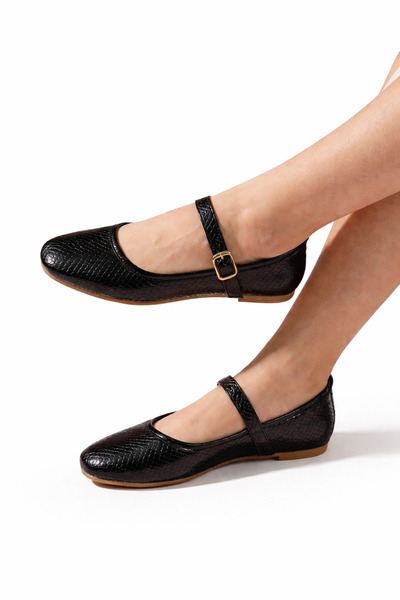 STOCON VERA Siyah Yılan Deri Model Tokalı Babet Günlük Babet Ofis Ayakkabısı ...