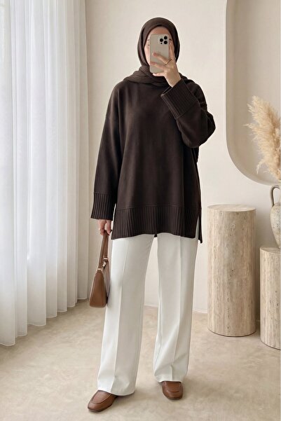 Modamorfo Ribbed Round Neck Slit Knitwear Tunic with Ribbed Hem and Sleeve Cu...