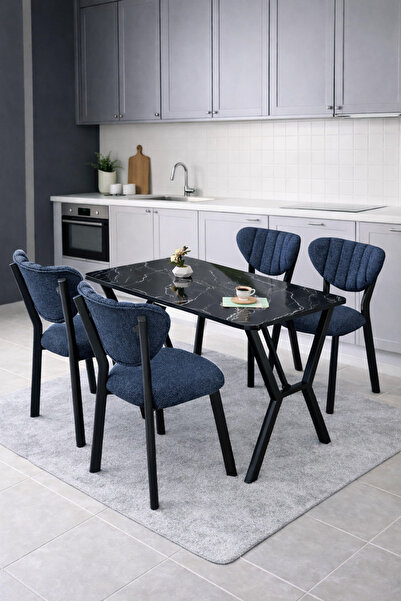 Lumodi Mobilya Masa Sandalye Takımı, 4 Sandalye 1 Sabit Siyah Mermer Desen Ma...