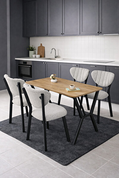 Lumodi Mobilya Masa Sandalye Takımı, 4 Sandalye 1 Sabit Ceviz Masa 110x70 Cm,...