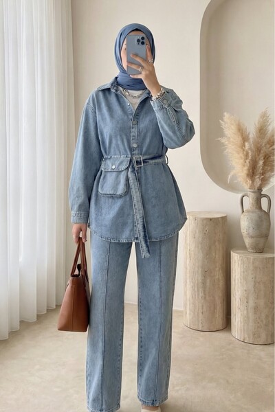Modamorfo Denim Suit with Bag Pockets and Green Trousers - Blue