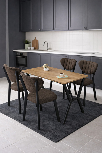 Lumodi Mobilya Masa Sandalye Takımı, 4 Sandalye 1 Sabit Ceviz Masa 110x70 Cm,...