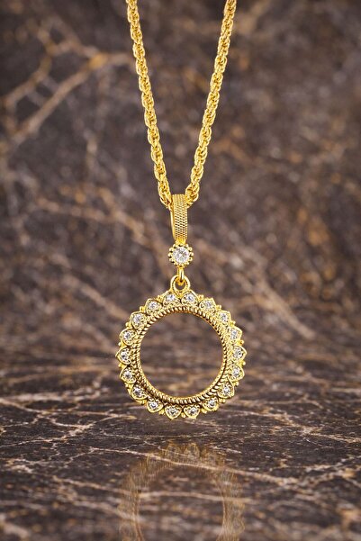 Vipfoni Altın Kaplama Zirkon Taşlı Çeyrek Uyumlu Çerçeve Kolye M-3