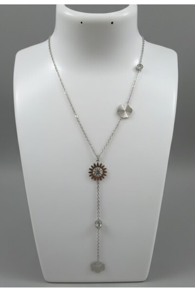 KANERUZ Silver Color Zircon Stone Sun Dangle Steel Necklace