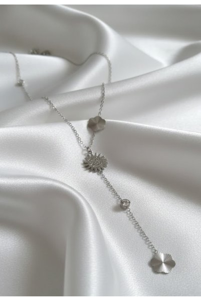 KANERUZ Silver Color Zircon Stone Sun Dangle Steel Necklace