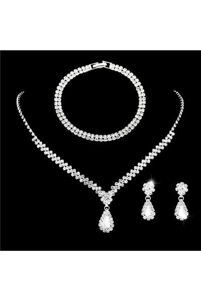FridayIn 3 Piece Diamond Bracelet Necklace Earrings Rhinestone Jewelry Set fo...